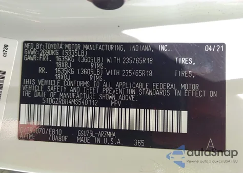 2021 Toyota Highlander Xle from USA, damaged, VIN 5TDGZRBH4MS540112